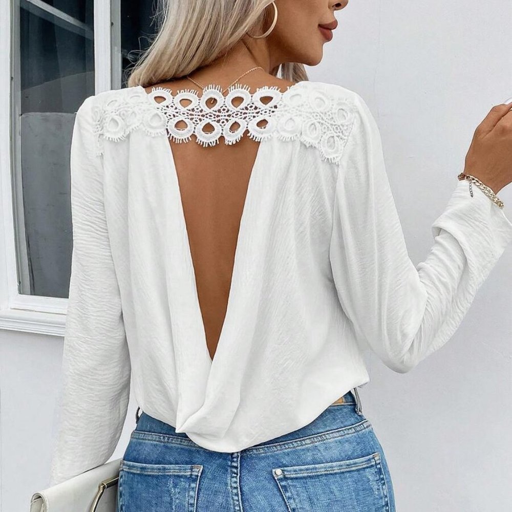 White Lace Insert Cut Out Back Top